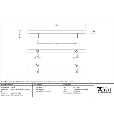 This is an image showing From The Anvil - Aged Brass (316) 1.8m T Bar Handle B2B 32mm Ã˜ available from trade door handles, quick delivery and discounted prices