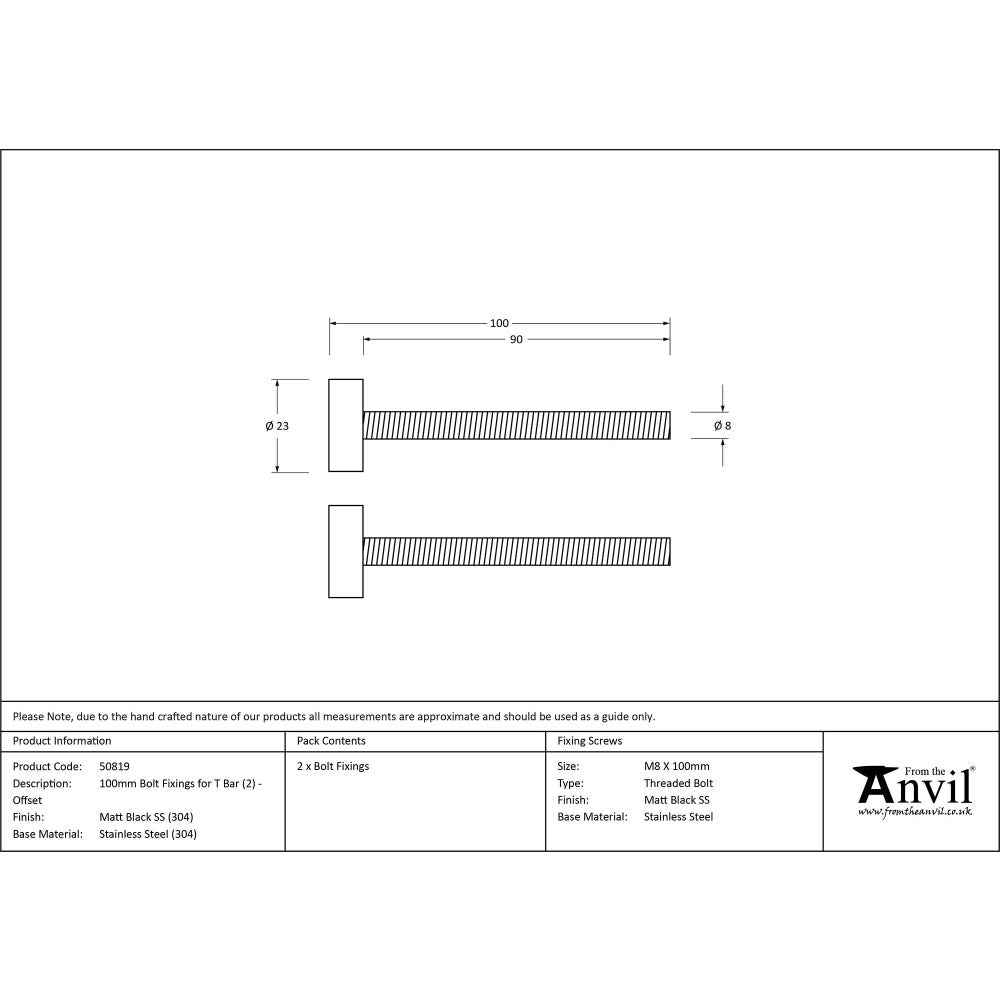 This is an image showing From The Anvil - Matt Black SS (304) 100mm Bolt Fixings for T Bar (2) - Offset available from trade door handles, quick delivery and discounted prices