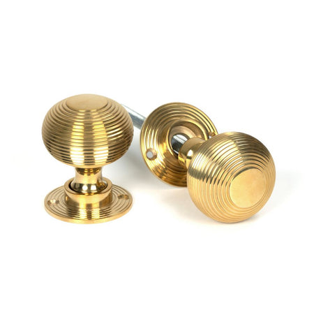 This is an image showing From The Anvil - Polished Brass Heavy Beehive Mortice/Rim Knob Set available from trade door handles, quick delivery and discounted prices