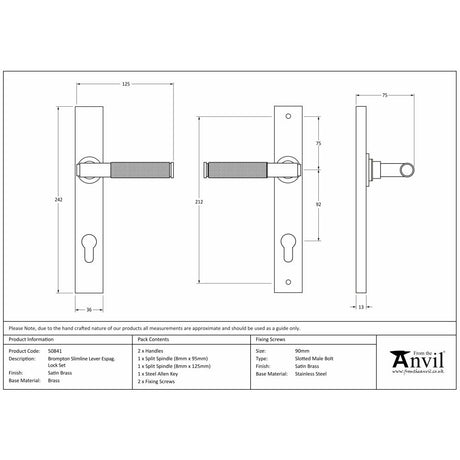 This is an image showing From The Anvil - Satin Brass Brompton Slimline Lever Espag. Lock Set available from trade door handles, quick delivery and discounted prices