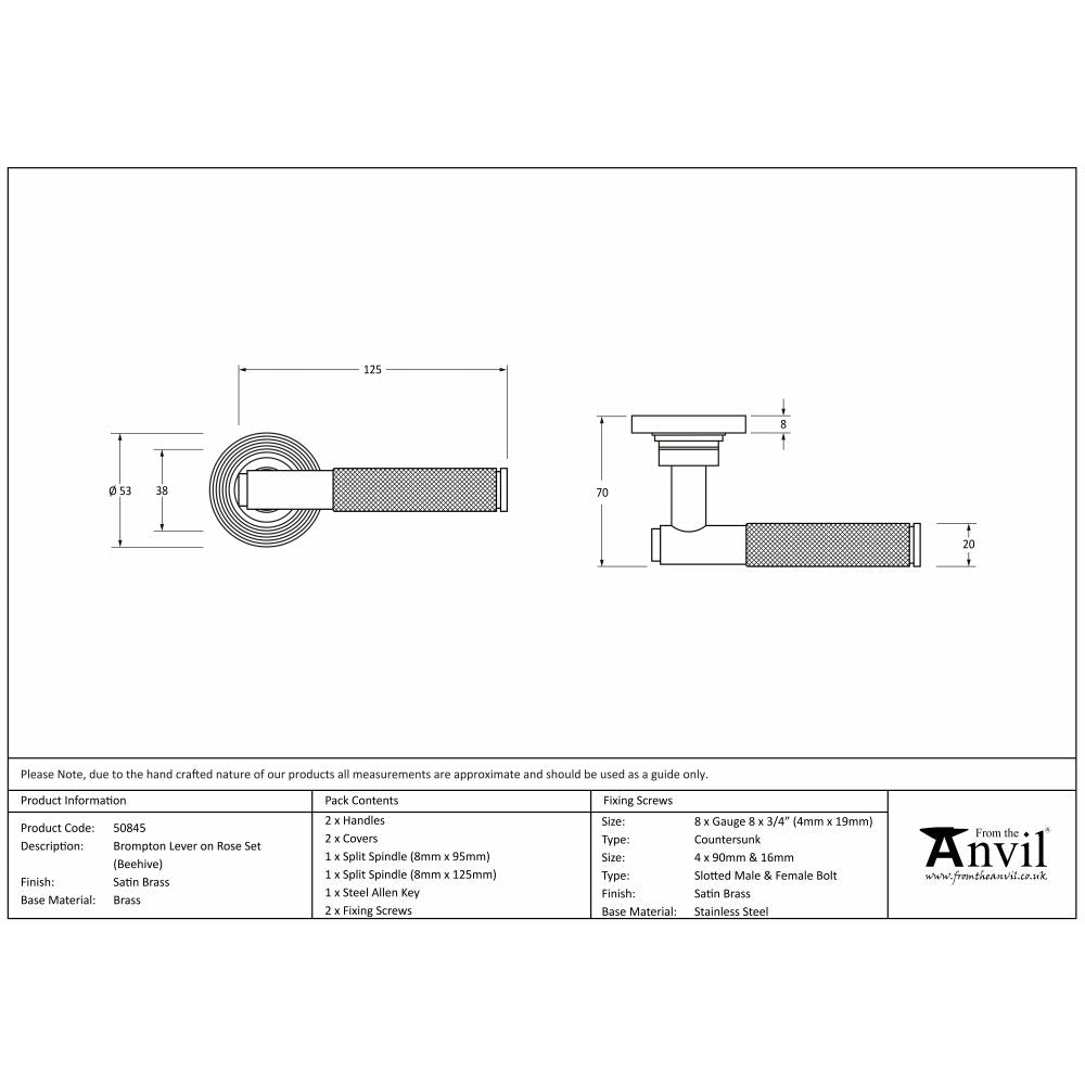 This is an image showing From The Anvil - Satin Brass Brompton Lever on Rose Set (Beehive) available from trade door handles, quick delivery and discounted prices