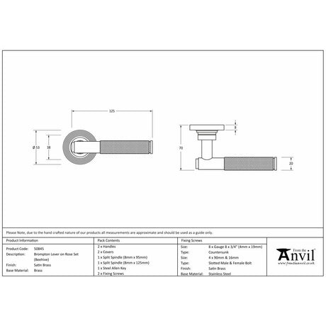 This is an image showing From The Anvil - Satin Brass Brompton Lever on Rose Set (Beehive) available from trade door handles, quick delivery and discounted prices