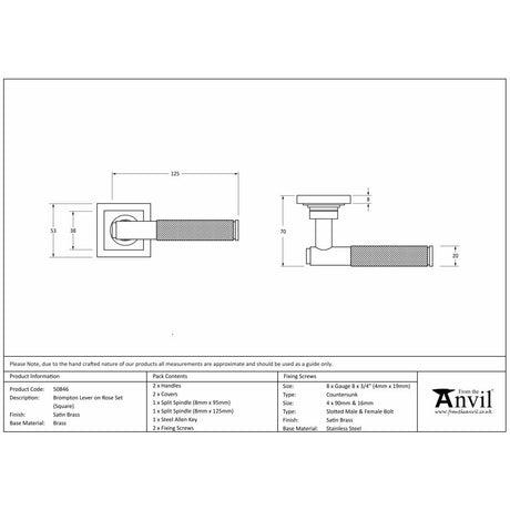 This is an image showing From The Anvil - Satin Brass Brompton Lever on Rose Set (Square) available from trade door handles, quick delivery and discounted prices