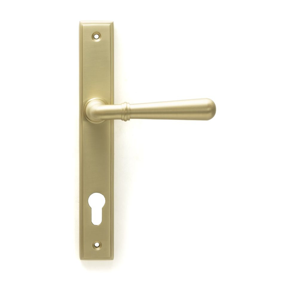 This is an image showing From The Anvil - Satin Brass Newbury Slimline Lever Espag. Lock Set available from trade door handles, quick delivery and discounted prices