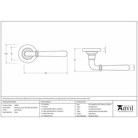 This is an image showing From The Anvil - Satin Brass Newbury Lever on Rose Set (Plain) available from trade door handles, quick delivery and discounted prices