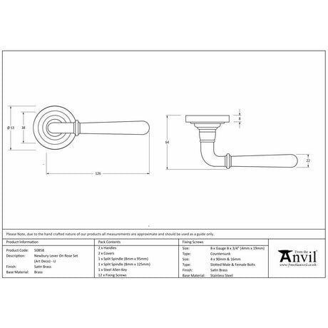 This is an image showing From The Anvil - Satin Brass Newbury Lever on Rose Set (Art Deco) - Unsprung available from trade door handles, quick delivery and discounted prices