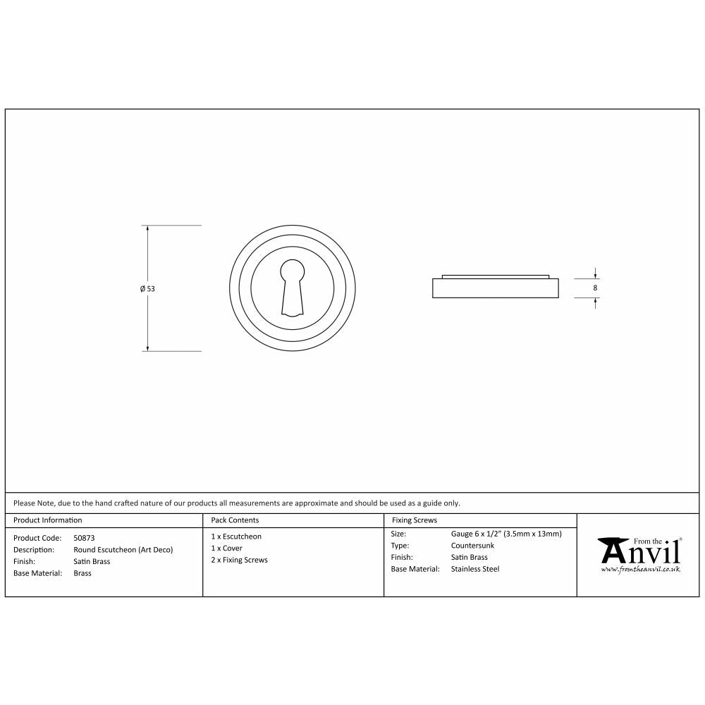 This is an image showing From The Anvil - Satin Brass Round Escutcheon (Art Deco) available from trade door handles, quick delivery and discounted prices