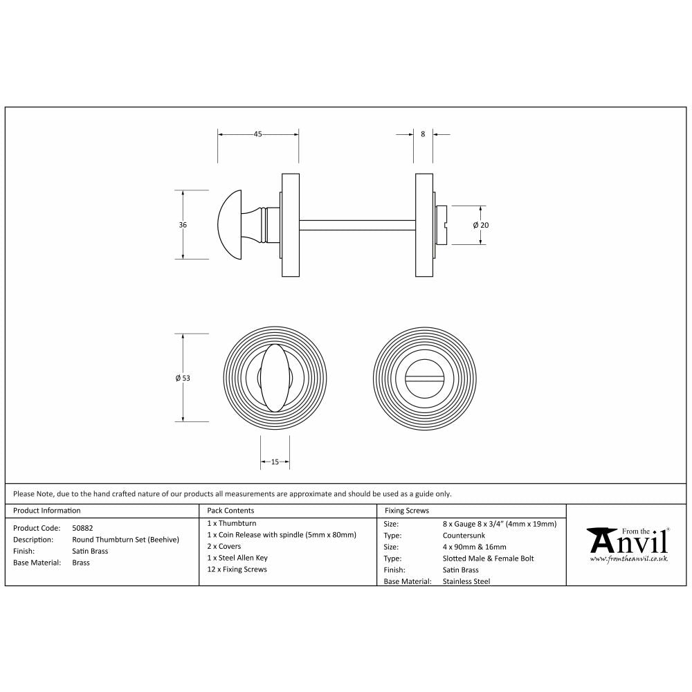 This is an image showing From The Anvil - Satin Brass Round Thumbturn Set (Beehive) available from trade door handles, quick delivery and discounted prices