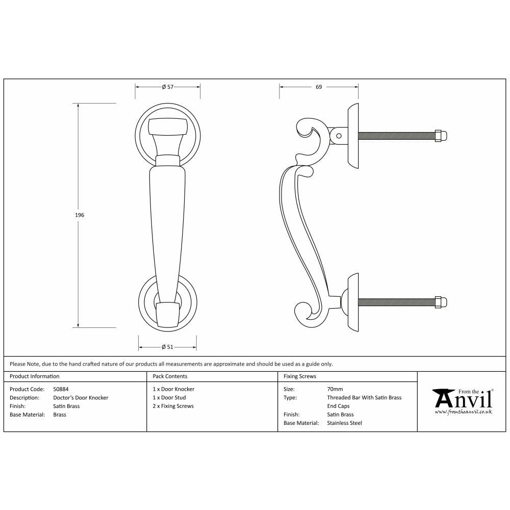 This is an image showing From The Anvil - Satin Brass Doctors Door Knocker available from trade door handles, quick delivery and discounted prices