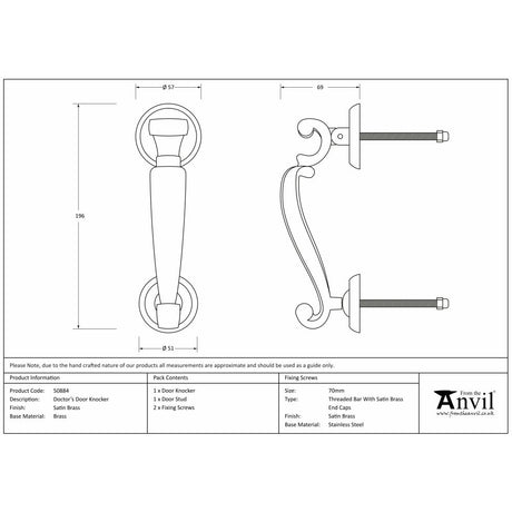 This is an image showing From The Anvil - Satin Brass Doctors Door Knocker available from trade door handles, quick delivery and discounted prices