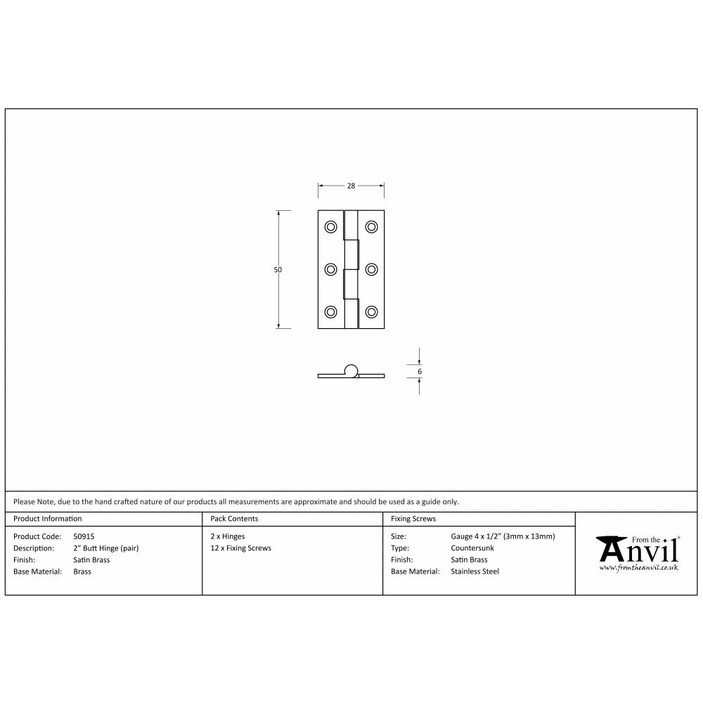 This is an image showing From The Anvil - Satin Brass 2" Butt Hinge (pair) available from trade door handles, quick delivery and discounted prices