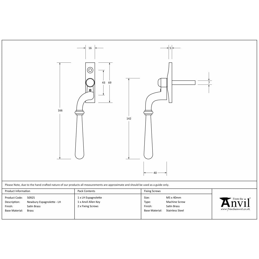 This is an image showing From The Anvil - Satin Brass Newbury Espag - LH available from trade door handles, quick delivery and discounted prices