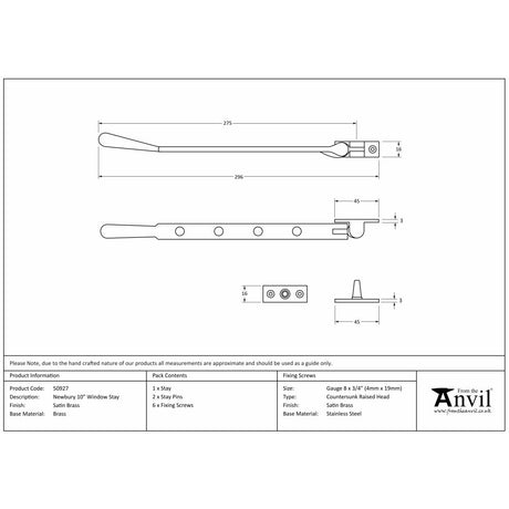 This is an image showing From The Anvil - Satin Brass 10" Newbury Stay available from trade door handles, quick delivery and discounted prices