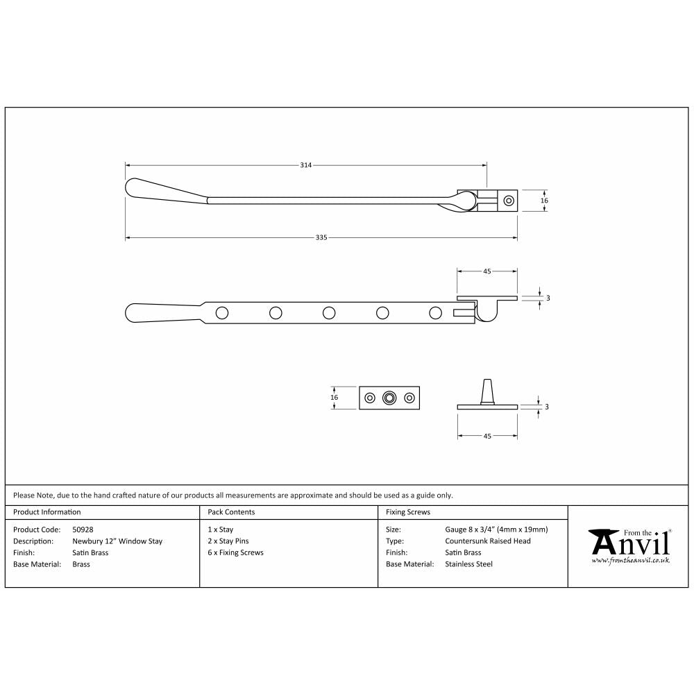 This is an image showing From The Anvil - Satin Brass 12" Newbury Stay available from trade door handles, quick delivery and discounted prices