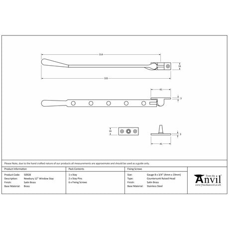 This is an image showing From The Anvil - Satin Brass 12" Newbury Stay available from trade door handles, quick delivery and discounted prices