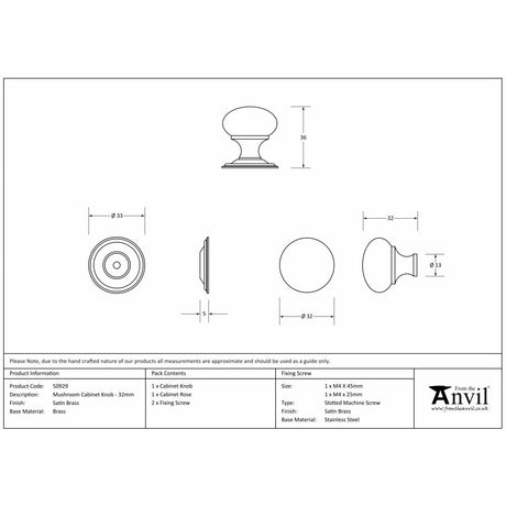 This is an image showing From The Anvil - Satin Brass Mushroom Cabinet Knob 32mm available from trade door handles, quick delivery and discounted prices