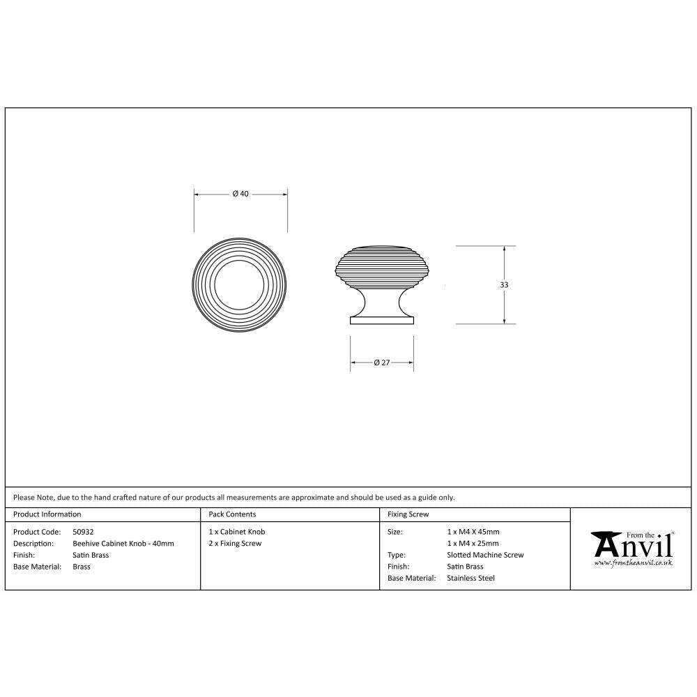 This is an image showing From The Anvil - Satin Brass Beehive Cabinet Knob 40mm available from trade door handles, quick delivery and discounted prices