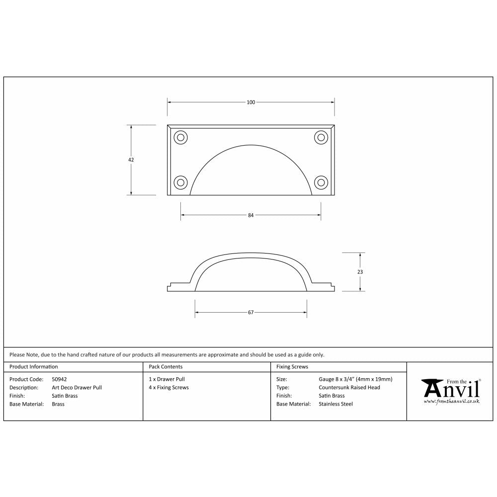 This is an image showing From The Anvil - Satin Brass Art Deco Drawer Pull available from trade door handles, quick delivery and discounted prices