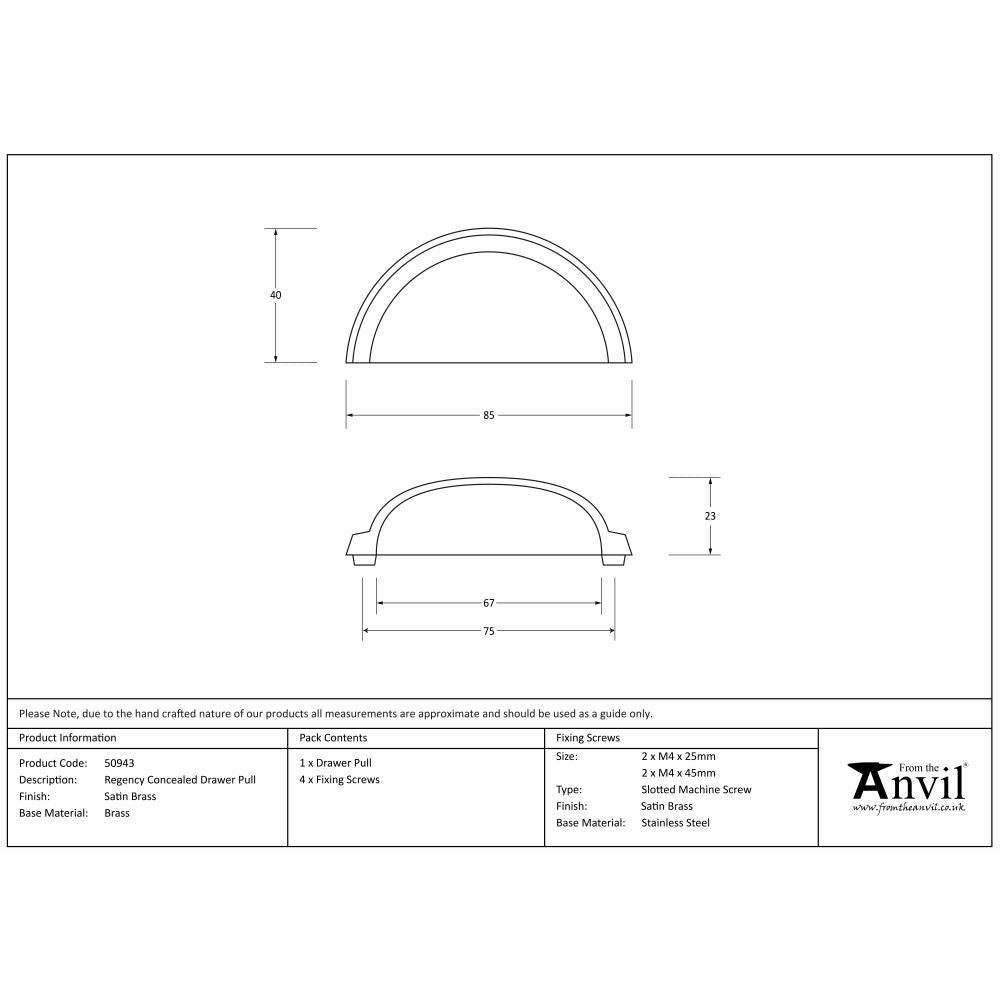 This is an image showing From The Anvil - Satin Brass Regency Concealed Drawer Pull available from trade door handles, quick delivery and discounted prices