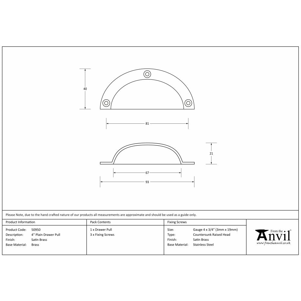 This is an image showing From The Anvil - Satin Brass 4" Plain Drawer Pull available from trade door handles, quick delivery and discounted prices