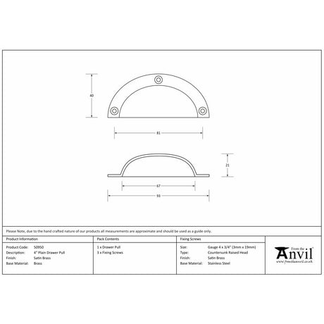 This is an image showing From The Anvil - Satin Brass 4" Plain Drawer Pull available from trade door handles, quick delivery and discounted prices