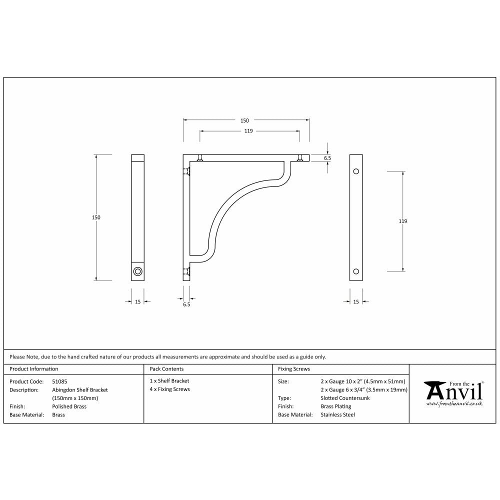 This is an image showing From The Anvil - Polished Brass Abingdon Shelf Bracket (150mm x 150mm) available from trade door handles, quick delivery and discounted prices