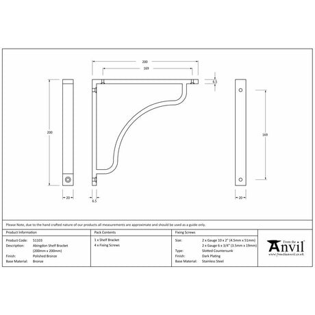 This is an image showing From The Anvil - Polished Bronze Abingdon Shelf Bracket (200mm x 200mm) available from trade door handles, quick delivery and discounted prices