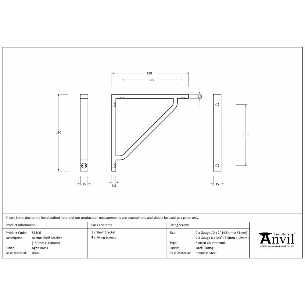 This is an image showing From The Anvil - Aged Brass Barton Shelf Bracket (150mm x 150mm) available from trade door handles, quick delivery and discounted prices