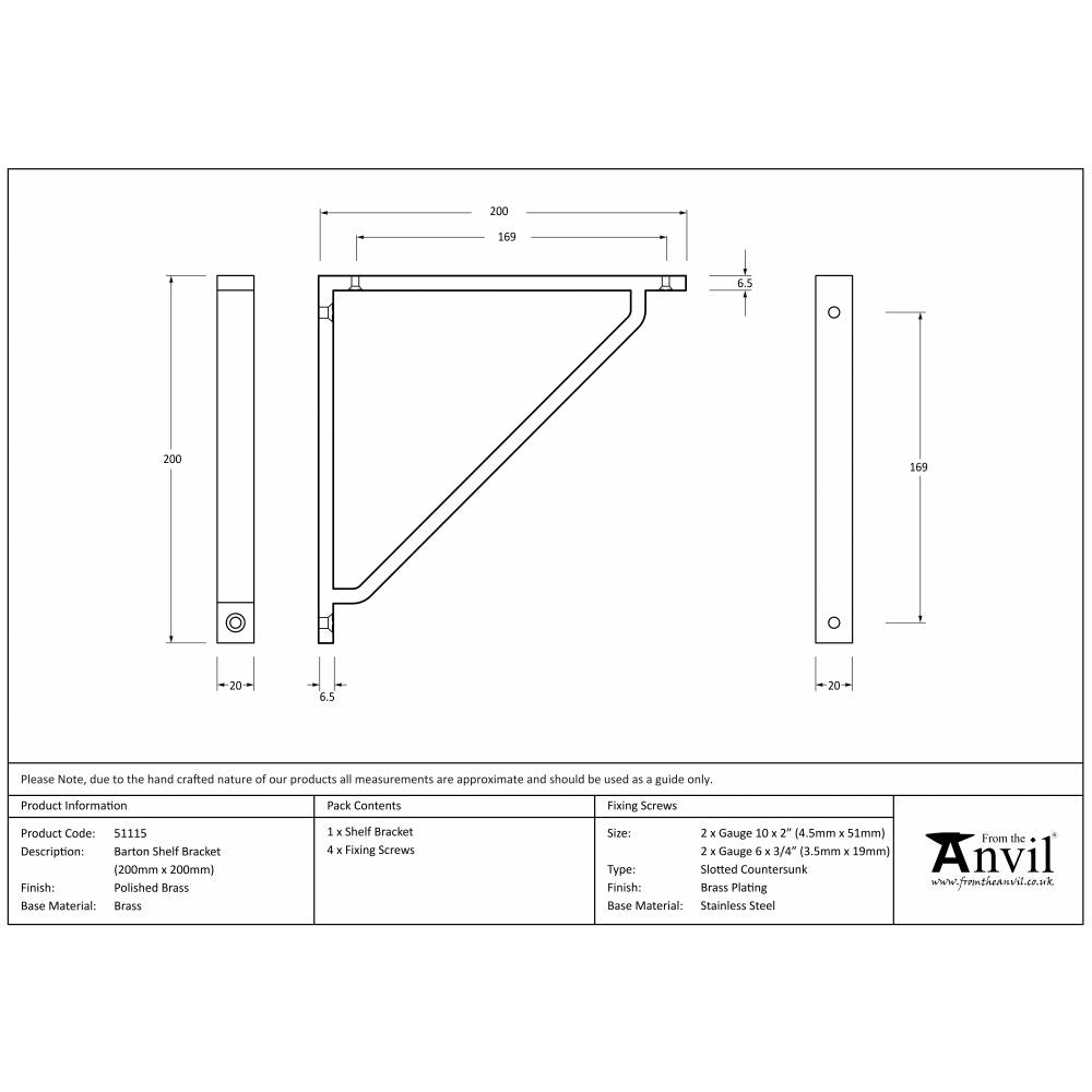 This is an image showing From The Anvil - Polished Brass Barton Shelf Bracket (200mm x 200mm) available from trade door handles, quick delivery and discounted prices