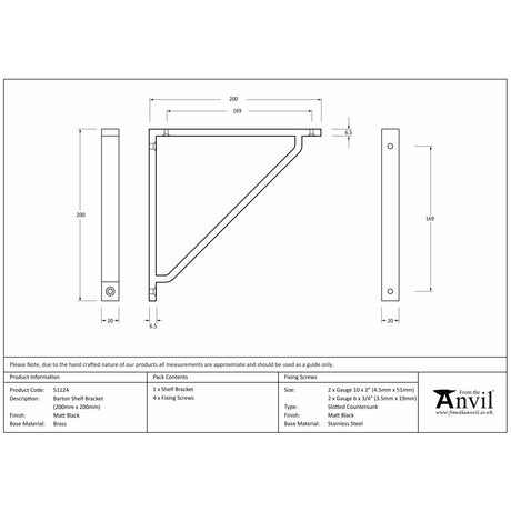 This is an image showing From The Anvil - Matt Black Barton Shelf Bracket (200mm x 200mm) available from trade door handles, quick delivery and discounted prices