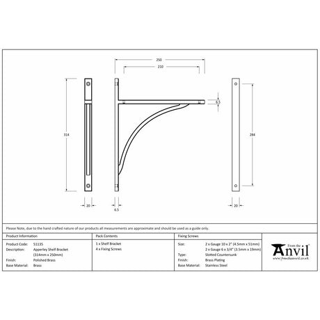 This is an image showing From The Anvil - Polished Brass Apperley Shelf Bracket (314mm x 250mm) available from trade door handles, quick delivery and discounted prices