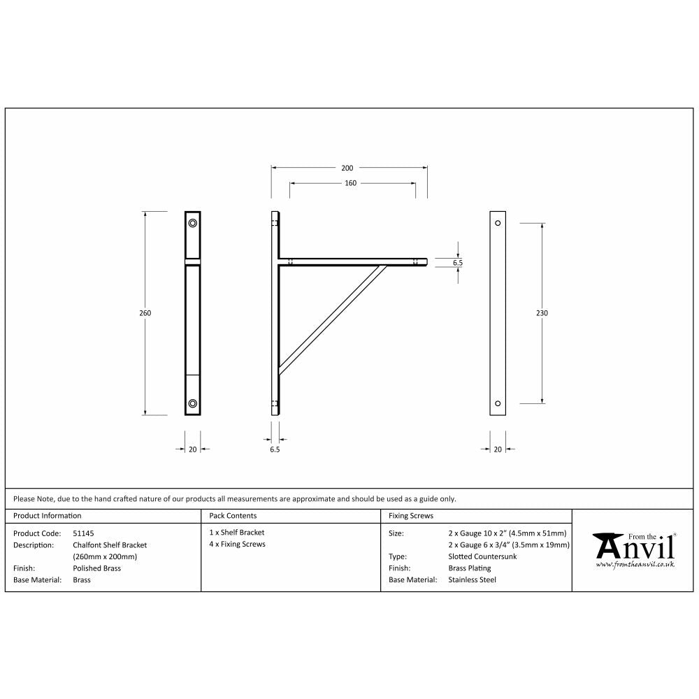 This is an image showing From The Anvil - Polished Brass Chalfont Shelf Bracket (260mm x 200mm) available from trade door handles, quick delivery and discounted prices