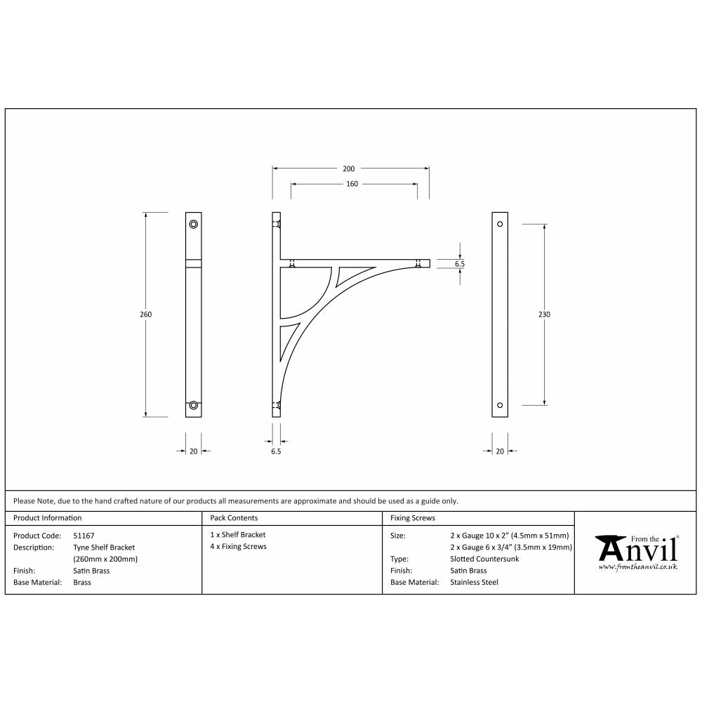 This is an image showing From The Anvil - Satin Brass Tyne Shelf Bracket (260mm x 200mm) available from trade door handles, quick delivery and discounted prices