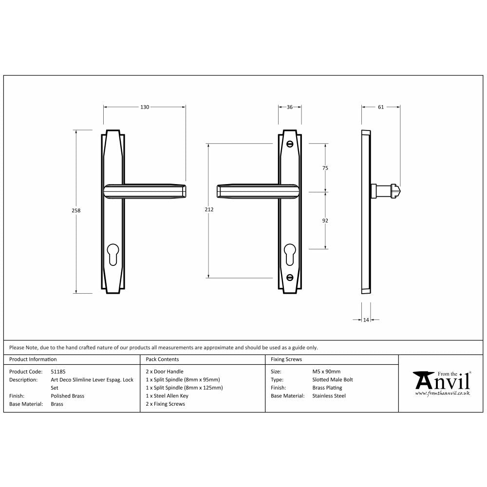 This is an image showing From The Anvil - Polished Brass Art Deco Slimline Lever Espag. Lock Set available from trade door handles, quick delivery and discounted prices