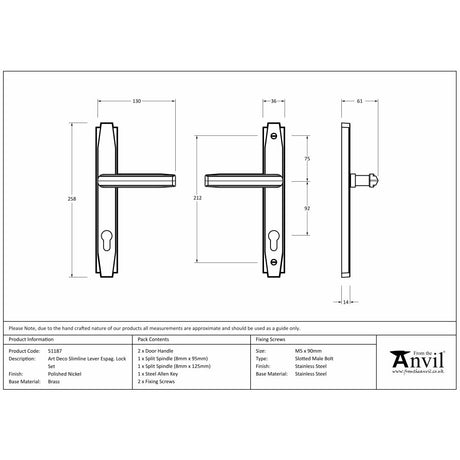 This is an image showing From The Anvil - Polished Nickel Art Deco Slimline Lever Espag. Lock Set available from trade door handles, quick delivery and discounted prices