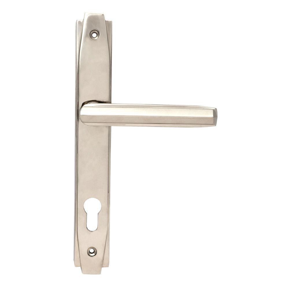 This is an image showing From The Anvil - Polished Nickel Art Deco Slimline Lever Espag. Lock Set available from trade door handles, quick delivery and discounted prices