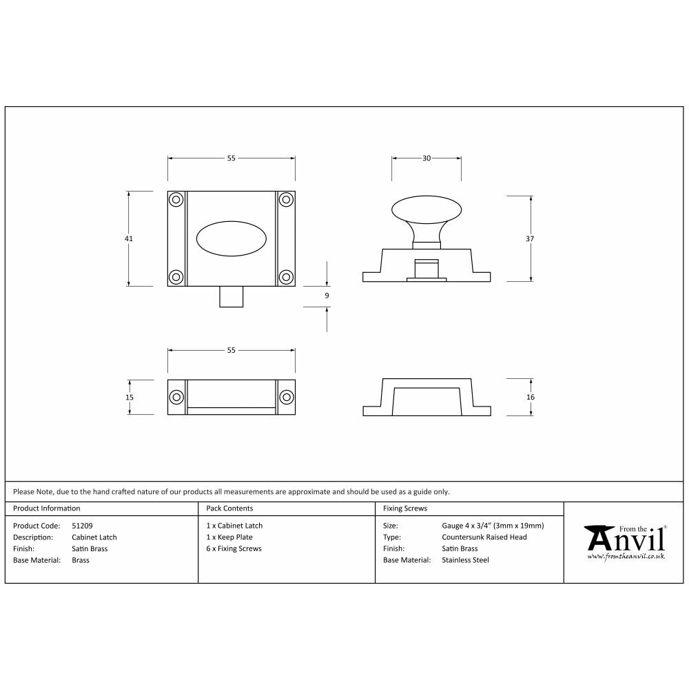 This is an image showing From The Anvil - Satin Brass Cabinet Latch available from trade door handles, quick delivery and discounted prices