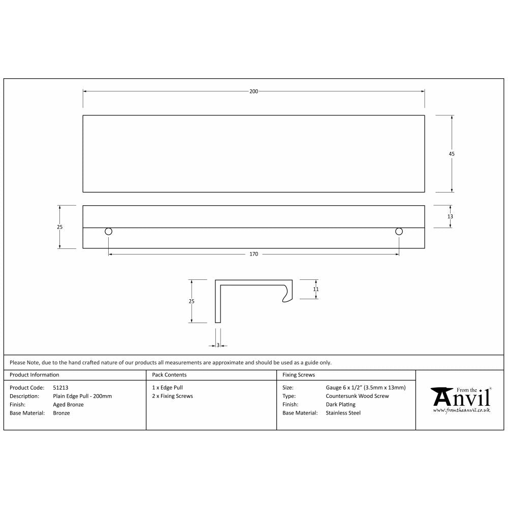 This is an image showing From The Anvil - Aged Bronze 200mm Plain Edge Pull available from trade door handles, quick delivery and discounted prices