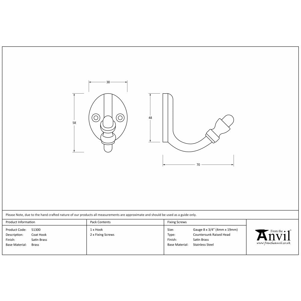 This is an image showing From The Anvil - Satin Brass Coat Hook available from trade door handles, quick delivery and discounted prices