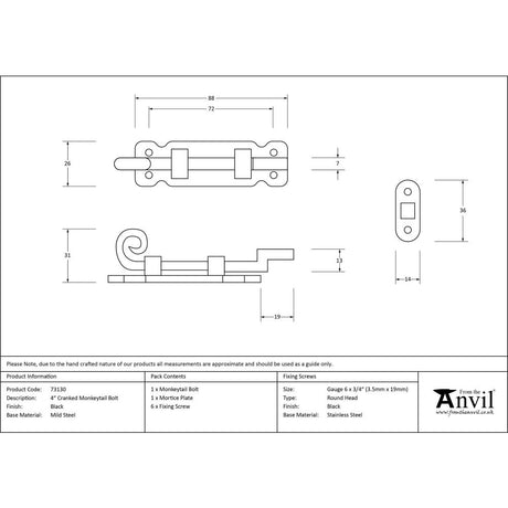 This is an image showing From The Anvil - Black 4" Cranked Monkeytail Bolt available from trade door handles, quick delivery and discounted prices