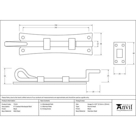 This is an image showing From The Anvil - Black 6" Cranked Monkeytail Bolt available from trade door handles, quick delivery and discounted prices