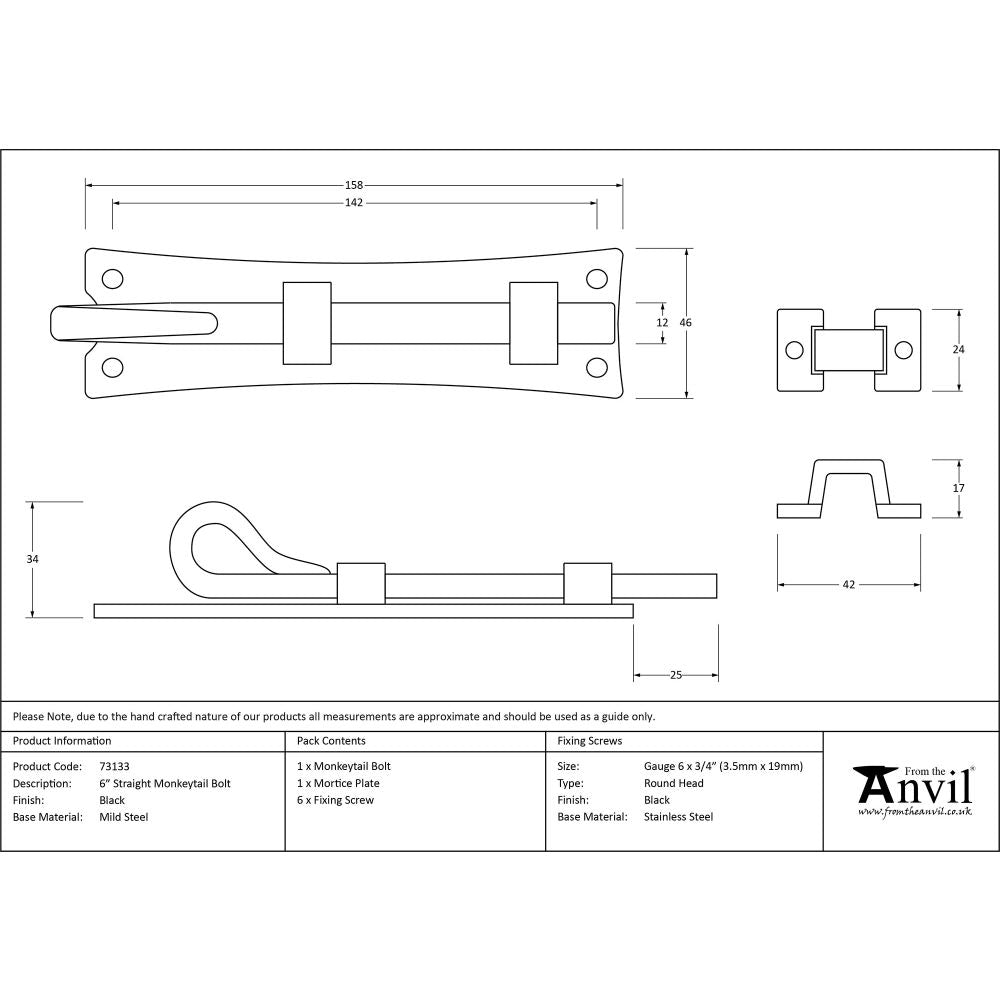 This is an image showing From The Anvil - Black 6" Straight Monkeytail Bolt available from trade door handles, quick delivery and discounted prices