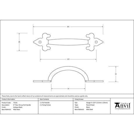 This is an image showing From The Anvil - Black Cast 6" Fleur De Lys Pull Handle available from trade door handles, quick delivery and discounted prices