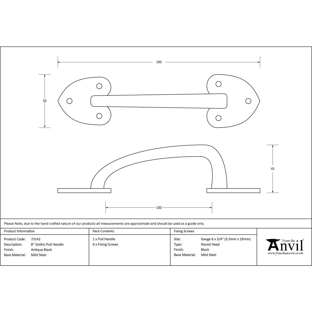 This is an image showing From The Anvil - Black Cast 8" Gothic Pull Handle available from trade door handles, quick delivery and discounted prices