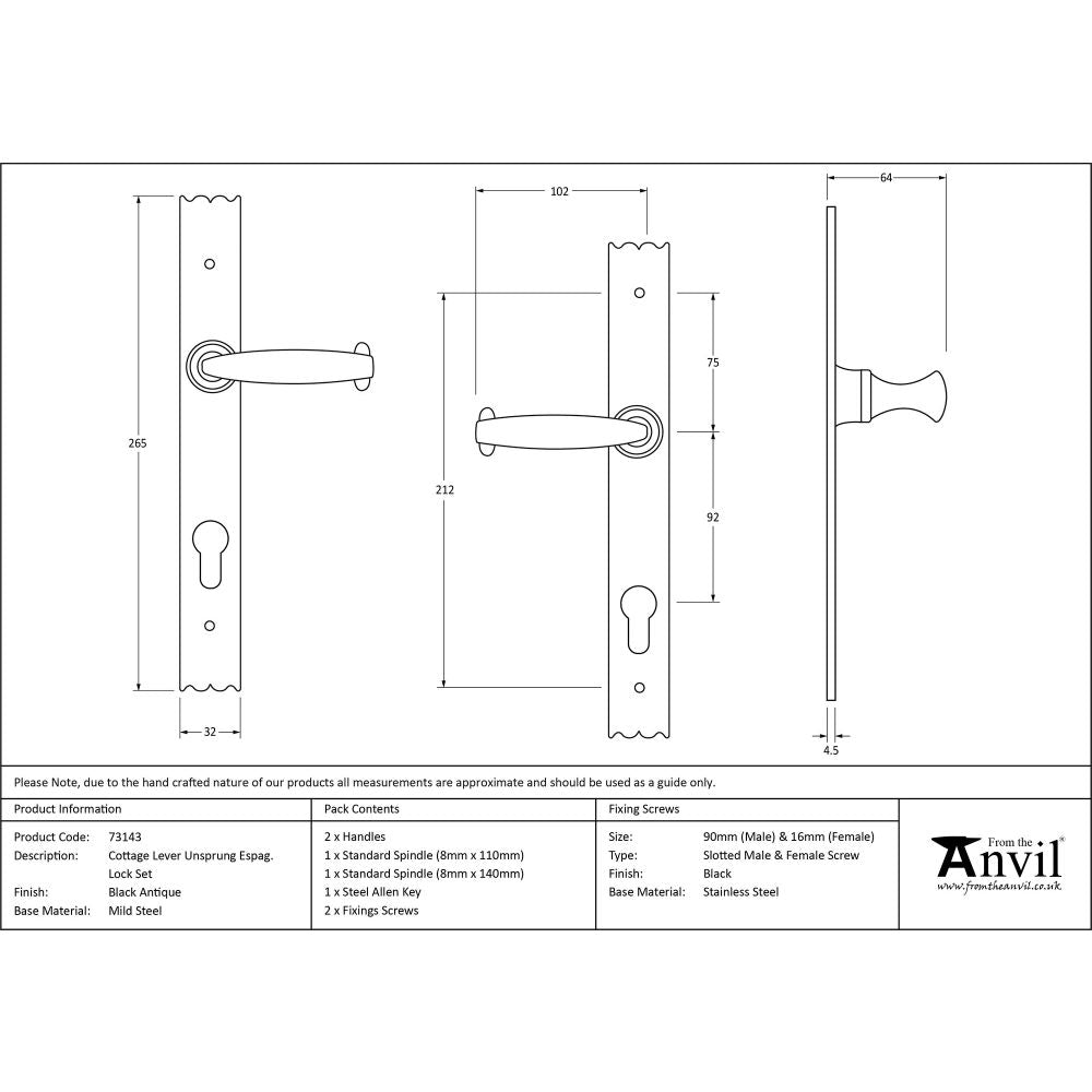 This is an image showing From The Anvil - Black Cottage Lever Espag. Lock Set available from trade door handles, quick delivery and discounted prices