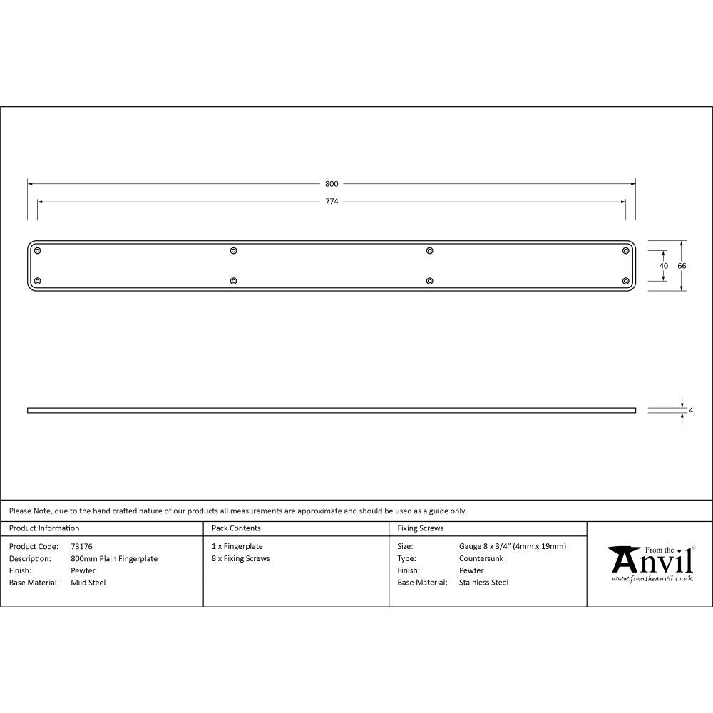High quality image of From The Anvil - Pewter 800mm Plain Fingerplate | Sku. 73176 | Trade Door Handles, Kendal.