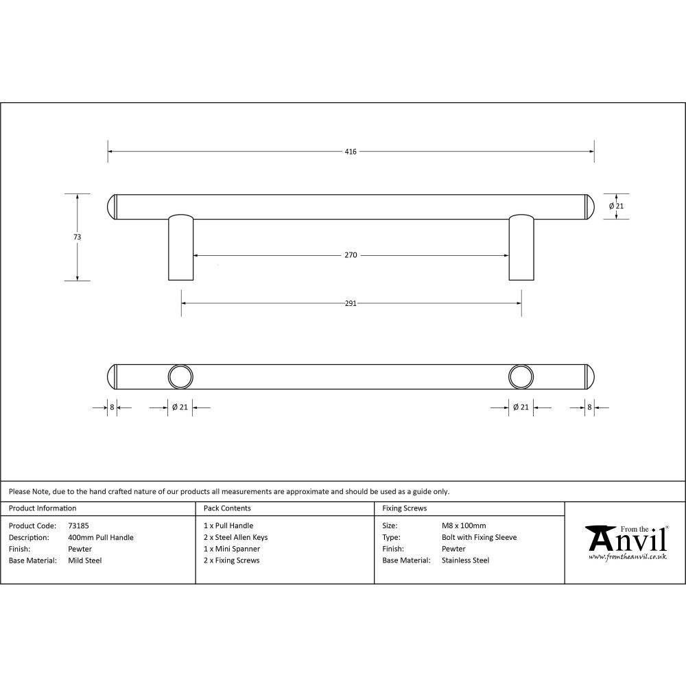 This is an image showing From The Anvil - Pewter 400mm Pull Handle available from trade door handles, quick delivery and discounted prices