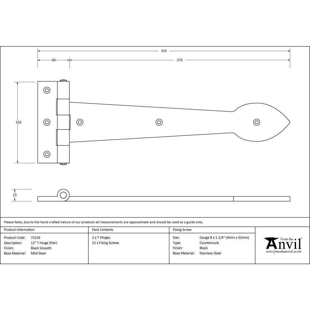This is an image showing From The Anvil - Black Smooth 12" Cast T Hinge (pair) available from trade door handles, quick delivery and discounted prices