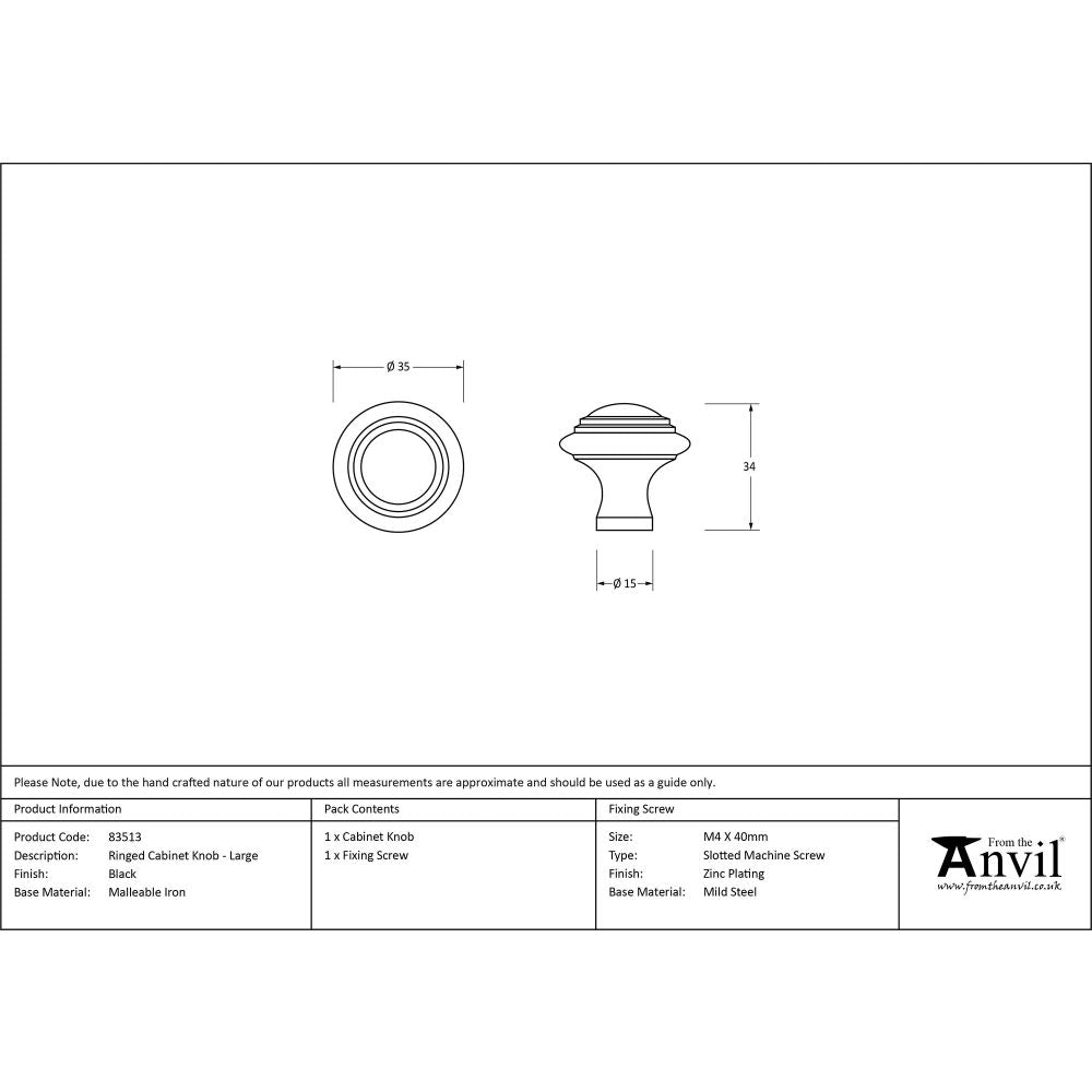 This is an image showing From The Anvil - Black Ringed Cabinet Knob - Large available from trade door handles, quick delivery and discounted prices