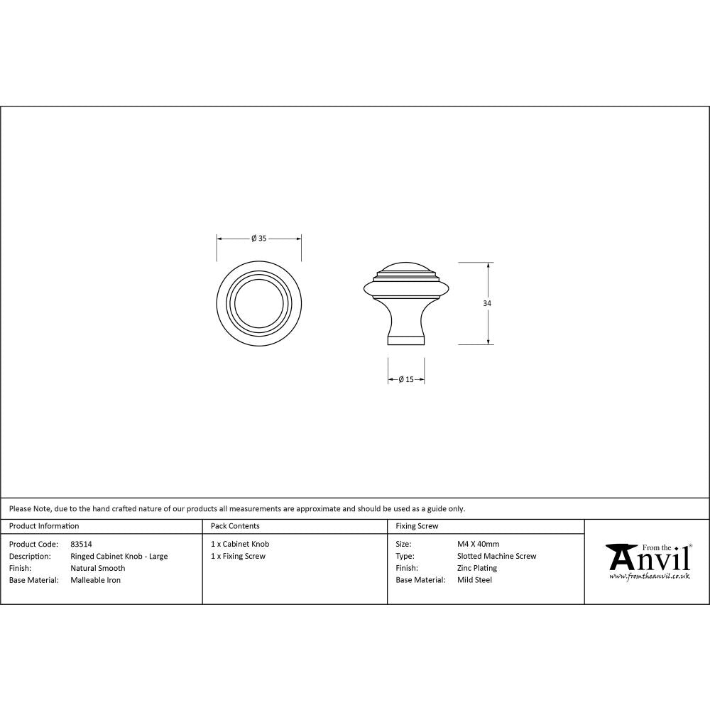 This is an image showing From The Anvil - Natural Smooth Ringed Cabinet Knob - Large available from trade door handles, quick delivery and discounted prices